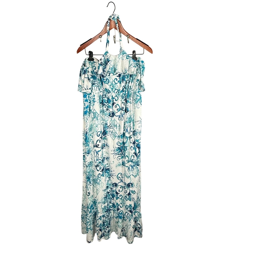 Soma Maxi Dress Womens XXL Blue White Paisley Rayon Spandex Ruffle Halter